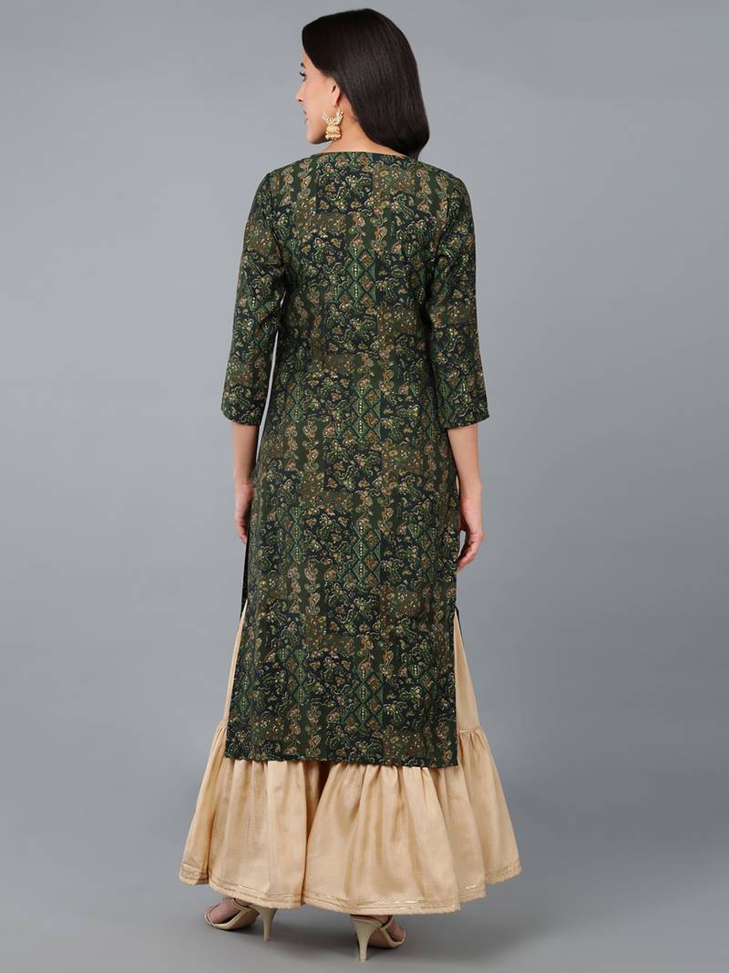 women green silk blend ethnic motifs embroidered straight kurta