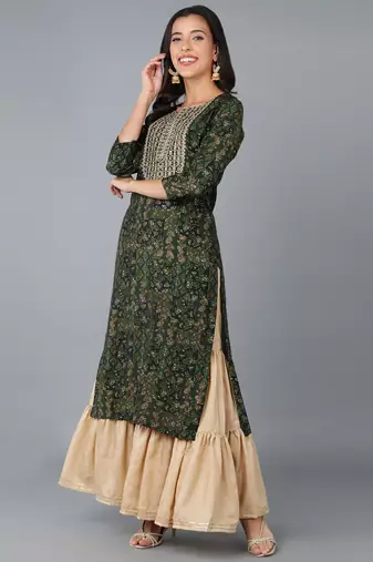 women green silk blend ethnic motifs embroidered straight kurta