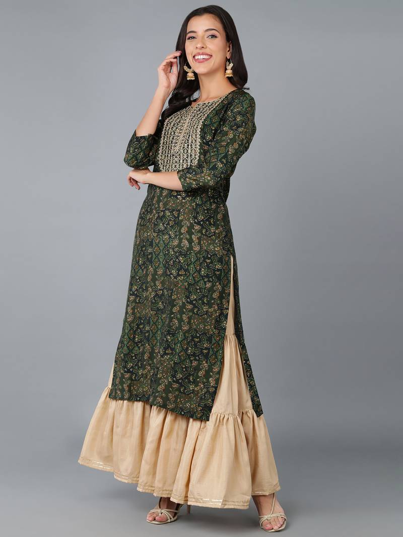 women green silk blend ethnic motifs embroidered straight kurta