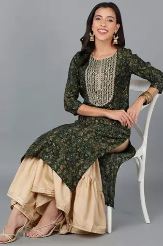 women green silk blend ethnic motifs embroidered straight kurta