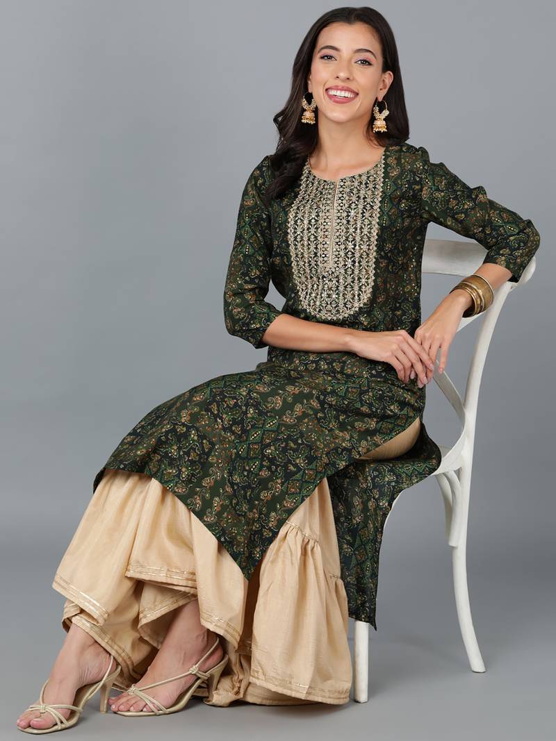 women green silk blend ethnic motifs embroidered straight kurta