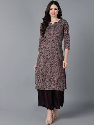 women purple cotton kalamkari printed straight kurta 1