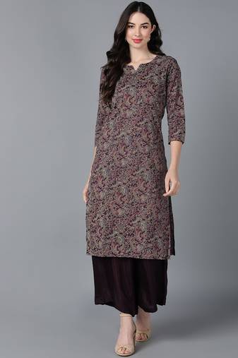 women purple cotton kalamkari printed straight kurta