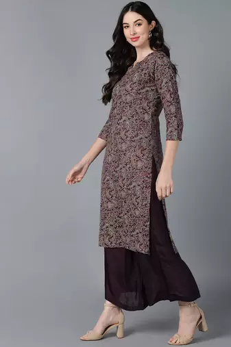 women purple cotton kalamkari printed straight kurta