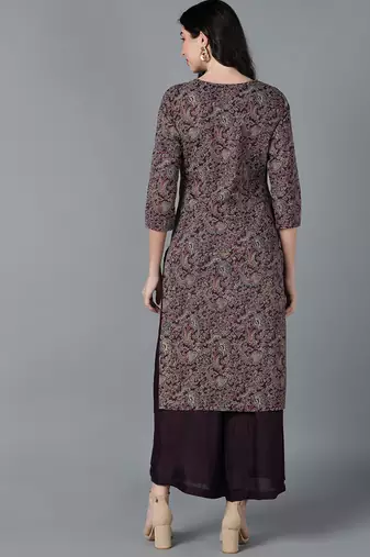 women purple cotton kalamkari printed straight kurta