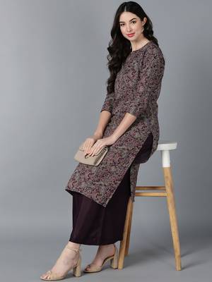 women purple cotton kalamkari printed straight kurta 5