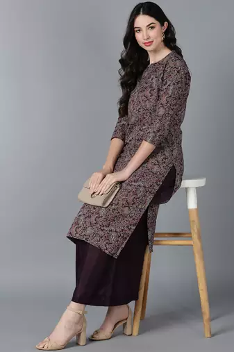 women purple cotton kalamkari printed straight kurta