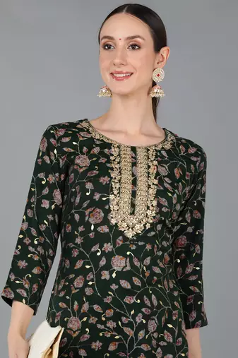 women green silk blend floral embroidered straight kurta