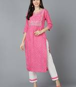 women pink cotton leheriya embroidered straight kurta