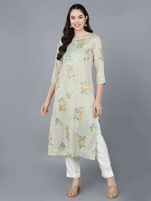 women beige cotton striped printed straight kurta 1