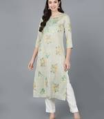 women beige cotton striped printed straight kurta