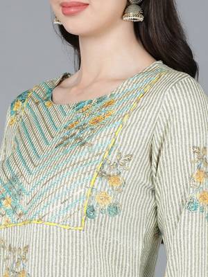 women beige cotton striped printed straight kurta 2