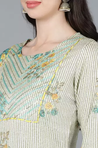 women beige cotton striped printed straight kurta