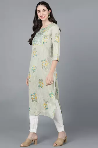 women beige cotton striped printed straight kurta