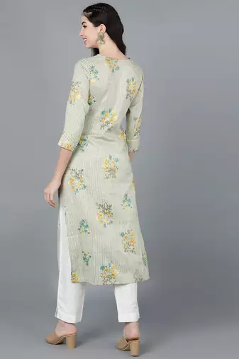 women beige cotton striped printed straight kurta