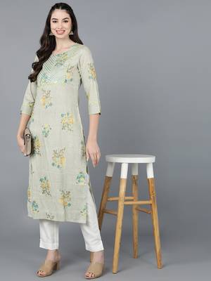 women beige cotton striped printed straight kurta 5