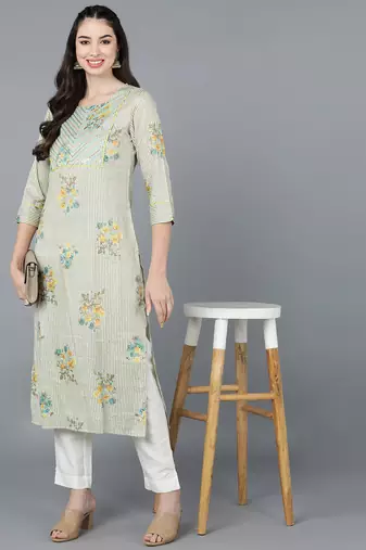 women beige cotton striped printed straight kurta