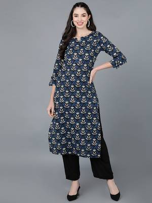 women navy blue rayon blend ethnic motifs printed straight kurta 1