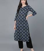 women navy blue rayon blend ethnic motifs printed straight kurta