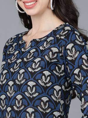 women navy blue rayon blend ethnic motifs printed straight kurta 2