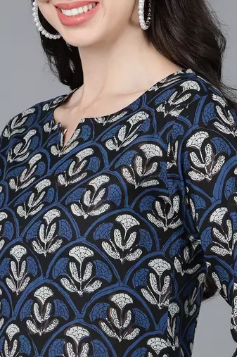 women navy blue rayon blend ethnic motifs printed straight kurta