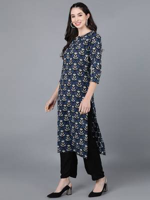women navy blue rayon blend ethnic motifs printed straight kurta 3