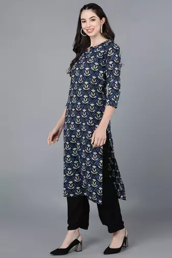 women navy blue rayon blend ethnic motifs printed straight kurta