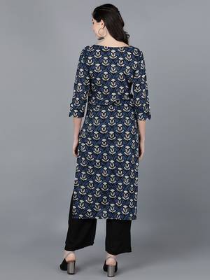 women navy blue rayon blend ethnic motifs printed straight kurta 4