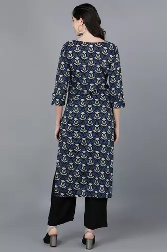 women navy blue rayon blend ethnic motifs printed straight kurta