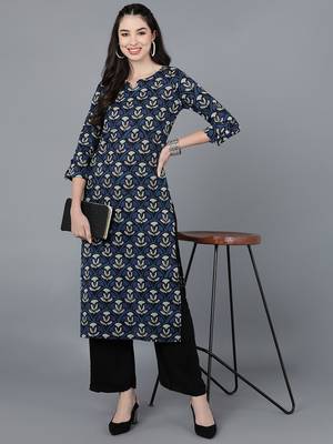 women navy blue rayon blend ethnic motifs printed straight kurta 5