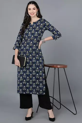 women navy blue rayon blend ethnic motifs printed straight kurta
