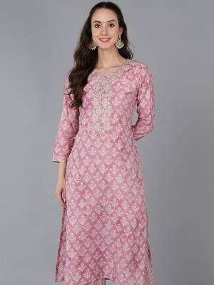 women pink silk blend floral embroidered straight kurta 1