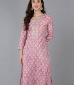 women pink silk blend floral embroidered straight kurta