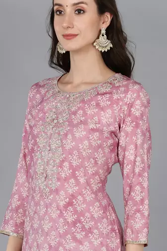 women pink silk blend floral embroidered straight kurta