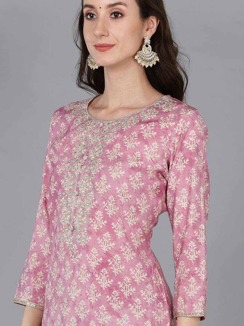 women pink silk blend floral embroidered straight kurta