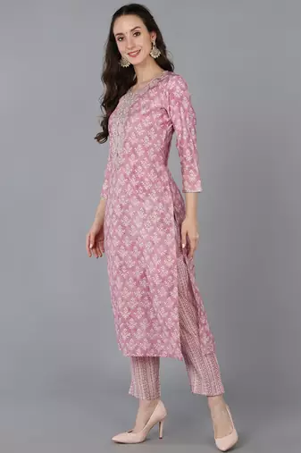 women pink silk blend floral embroidered straight kurta