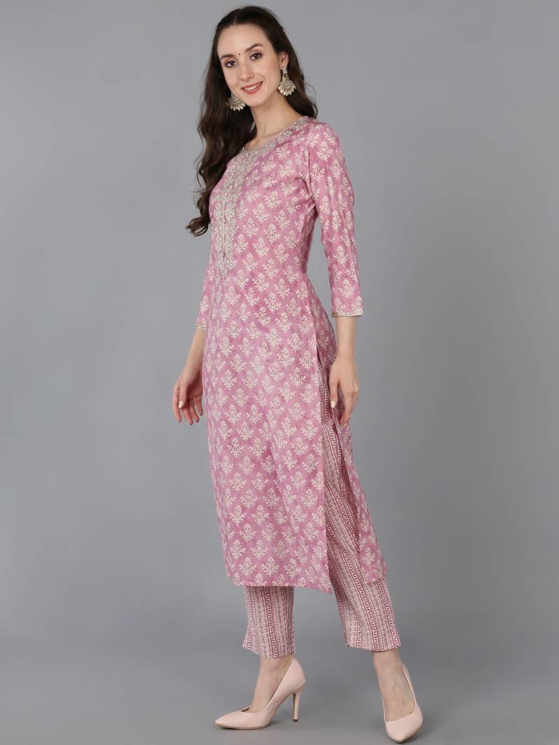 women pink silk blend floral embroidered straight kurta