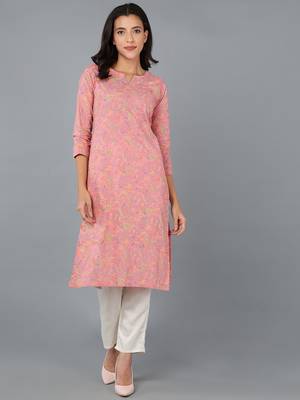 women pink cotton kalamkari printed straight kurta 1