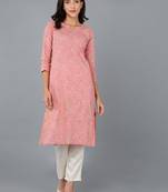 women pink cotton kalamkari printed straight kurta