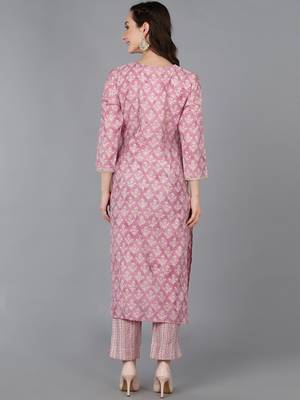 women pink silk blend floral embroidered straight kurta 4