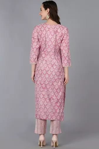women pink silk blend floral embroidered straight kurta