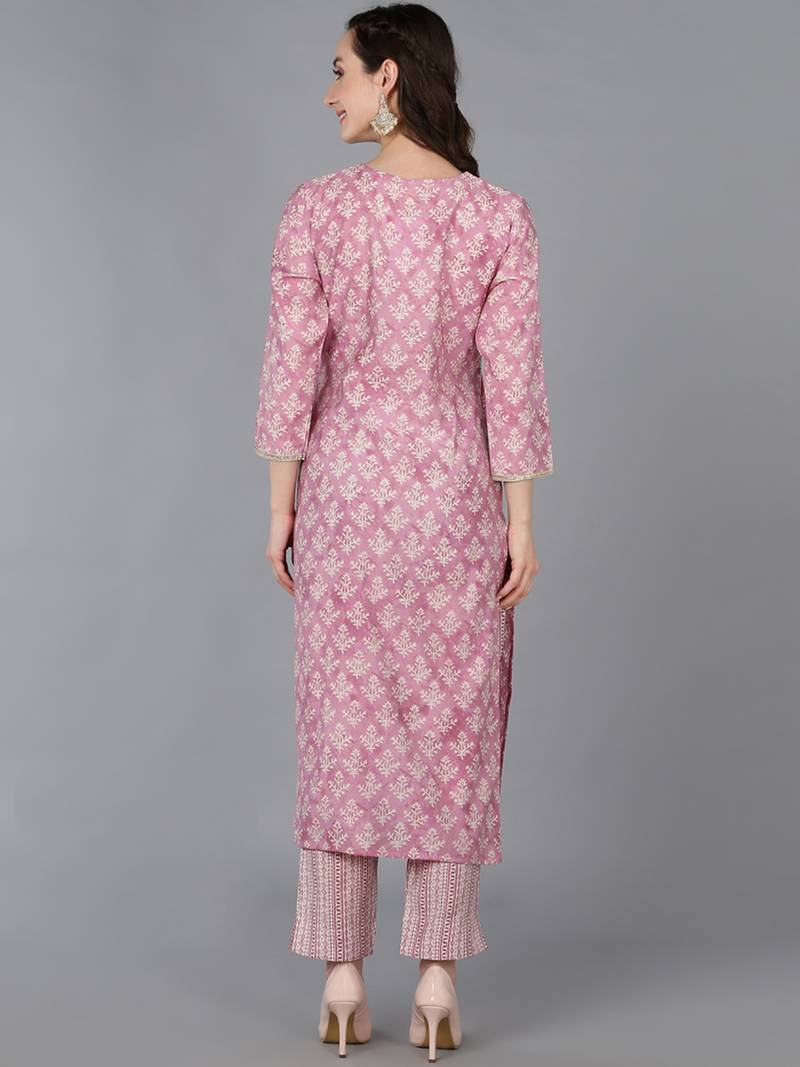 women pink silk blend floral embroidered straight kurta