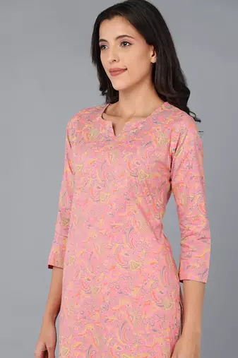 women pink cotton kalamkari printed straight kurta