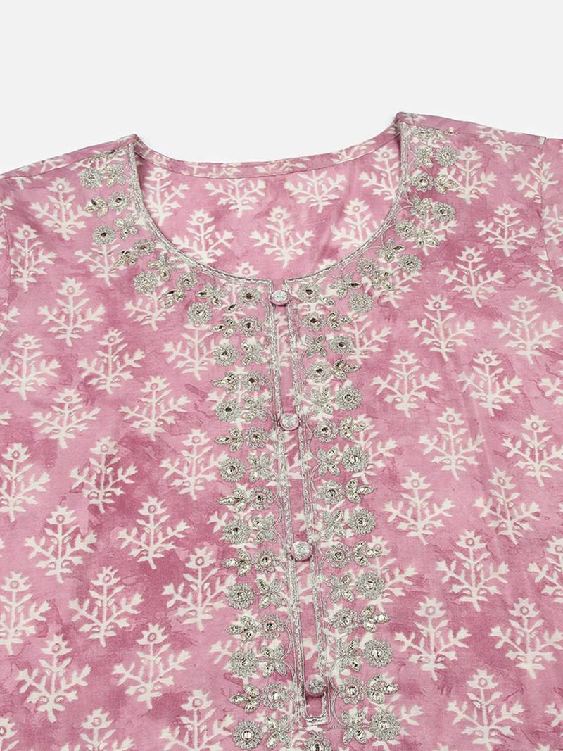 women pink silk blend floral embroidered straight kurta