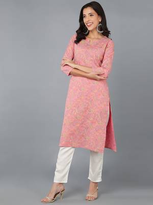 women pink cotton kalamkari printed straight kurta 3