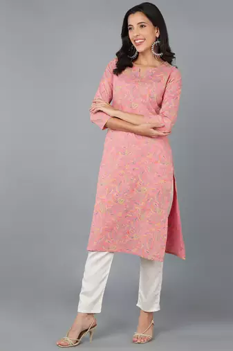 women pink cotton kalamkari printed straight kurta