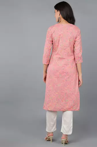 women pink cotton kalamkari printed straight kurta