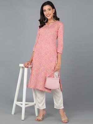 women pink cotton kalamkari printed straight kurta 5