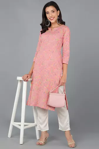 women pink cotton kalamkari printed straight kurta