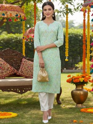 women sea green cotton kalamkari printed straight kurta 1